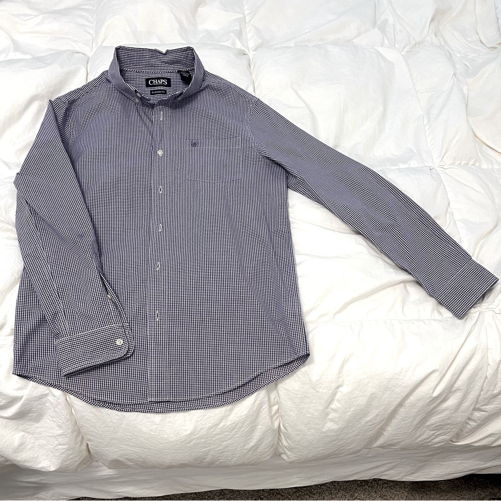 NWOT Chaps Mens Medium Button Down Purple Checkered Long Sleeve Shirt